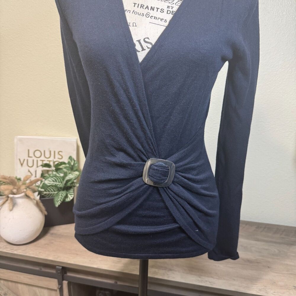 Banana Republic Y2K Navy Blue Faux Wrap Light Sweater Wool/Silk Blend Sz XS - Picture 2 of 8